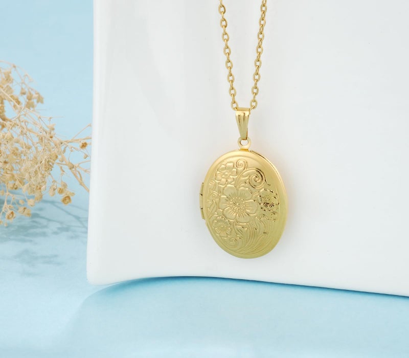 YOUFENG Oval Round Flower Locket Necklace that Holds Pictures Photo Locket Pendant Oval Gold-plated - Image 2